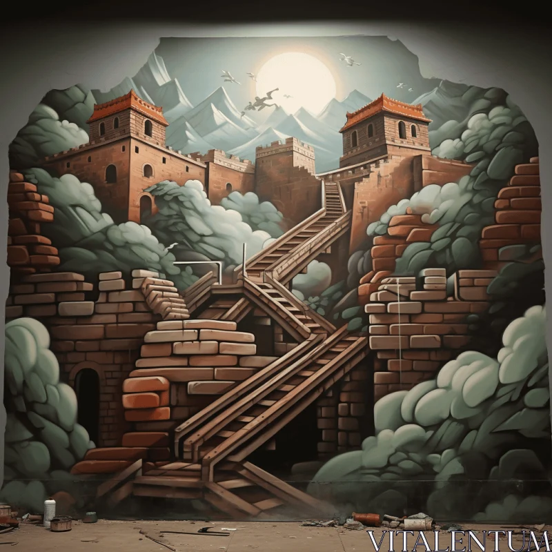Captivating Castle Mural: Aggressive Digital Illustration with Traditional Chinese Influences AI Image
