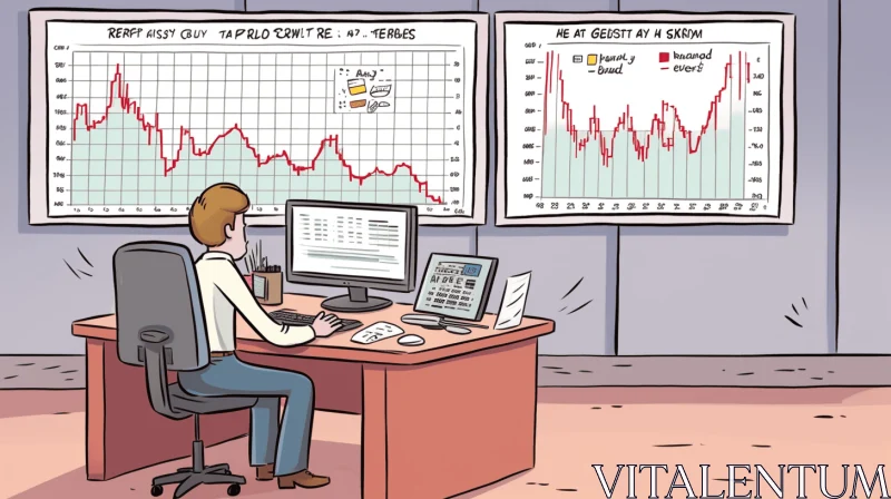 Whimsical Cartoon Illustration of a Person at a Desk with Stock Graphs AI Image
