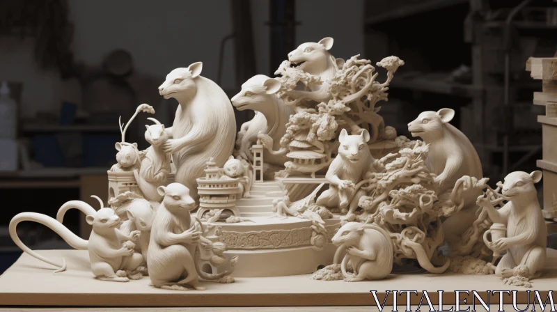 Delicate Sculpture of Mice on Wooden Table | Unique Illustrations AI Image