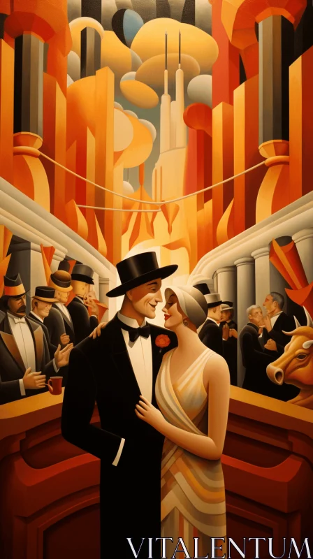 Captivating Art Deco Couple at a 1920s Evening | Detailed Crowd Scenes | Romantic Emotion AI Image
