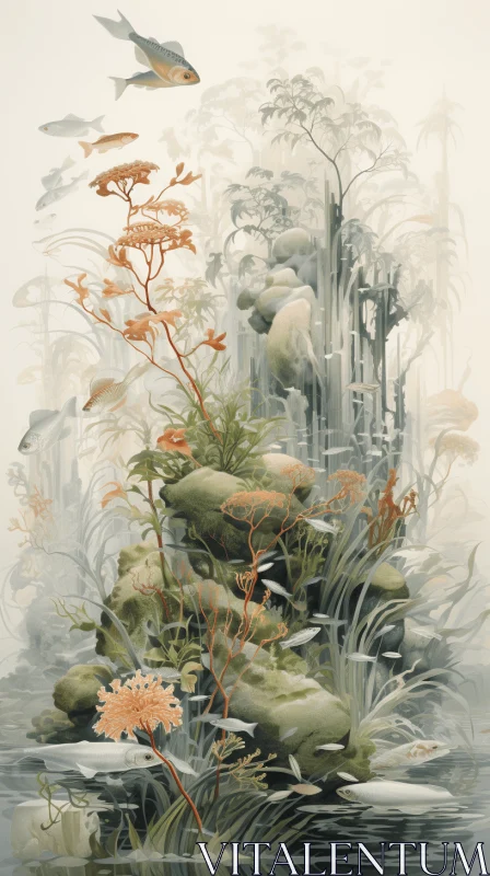 Captivating Painting of Water and Plants in Surrealistic Style AI Image