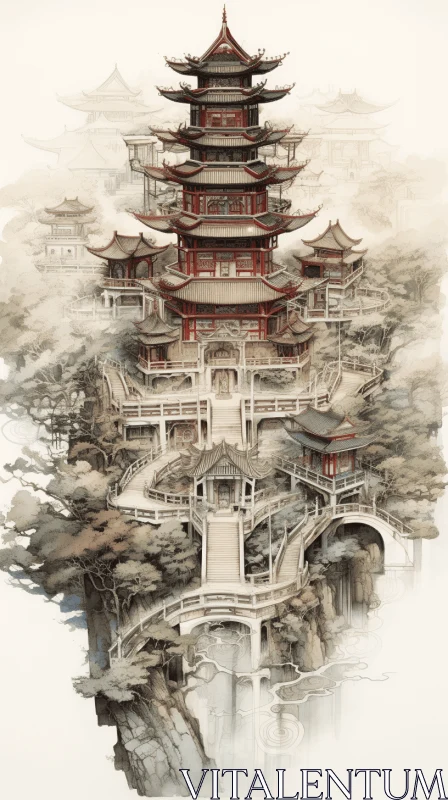 Captivating Chinese Pagoda Painting in Majestic Mountain Setting AI Image