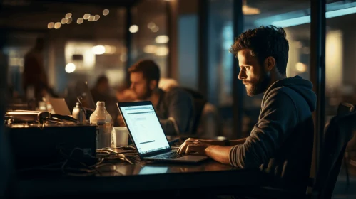 Nighttime Work: A Man Using a Laptop in Dark Teal and Light Amber