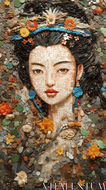 Pebble Mosaic Artwork by Gillian Ting: Oriental-Inspired Baroque Figurative Creation AI Image