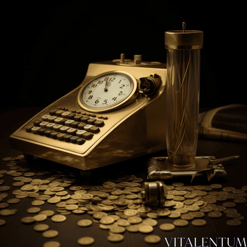 Captivating Golden Typewriter with Coins | Clockpunk Still Life AI Image