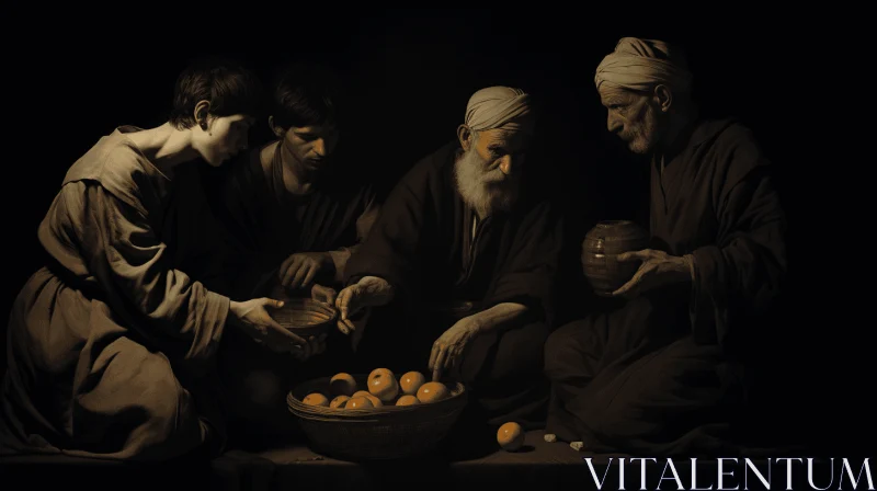 Captivating Depiction of Three Old Men Holding a Bowl of Food AI Image