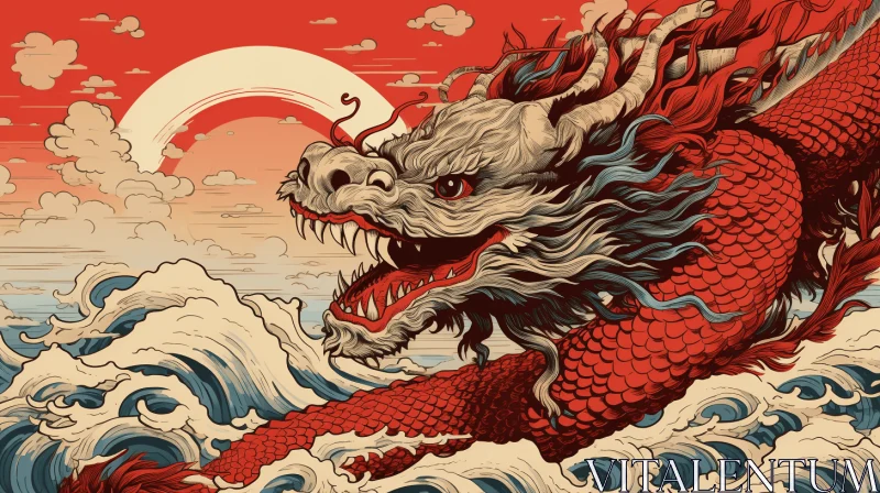 Captivating Dragon Illustration in Neo-Pop Style | Ocean Waves AI Image