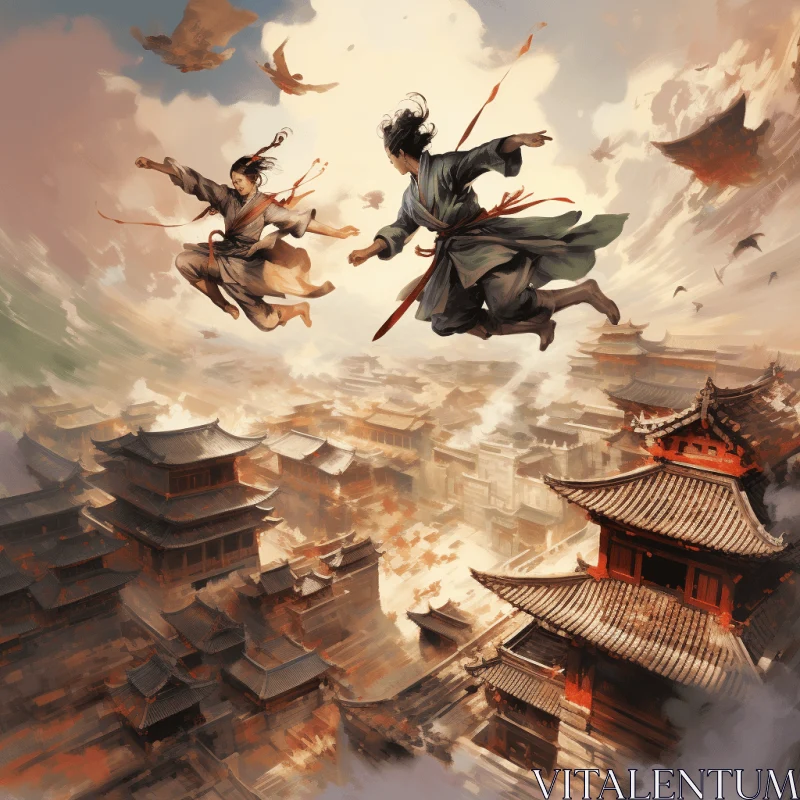 Dynamic Asian Men Flying Above City - Action Paintings AI Image