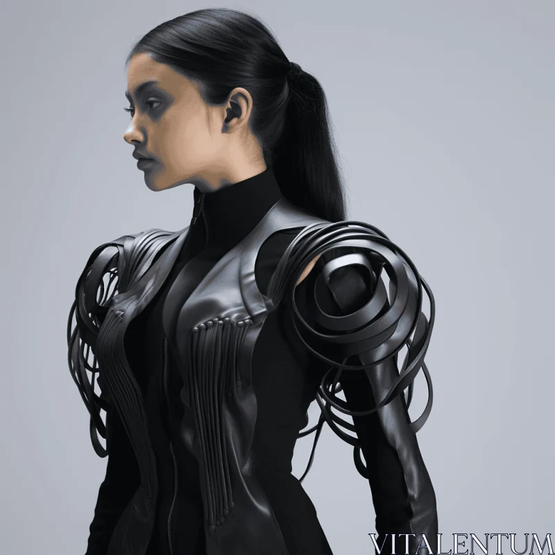 Futuristic Woman in Grey and Black Suit | Techno Chic Fashion AI Image