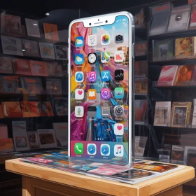 Hyperrealistic Painting of a Smartphone on a CD Store Display