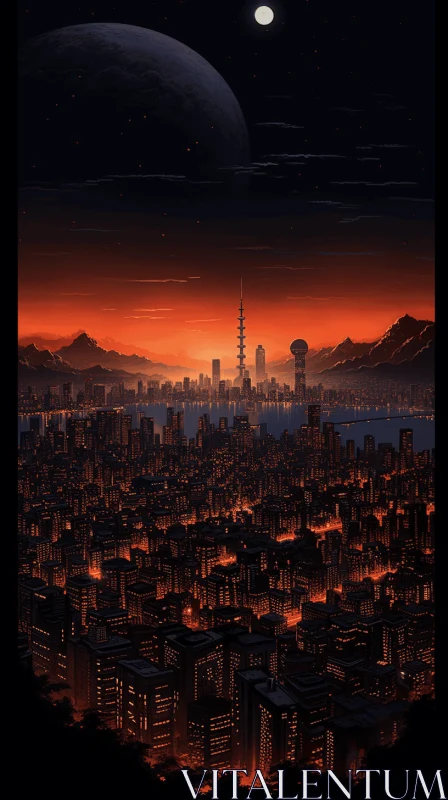 Captivating Cityscape with Orange Colored Sky | Scifi Minimalistic Art AI Image