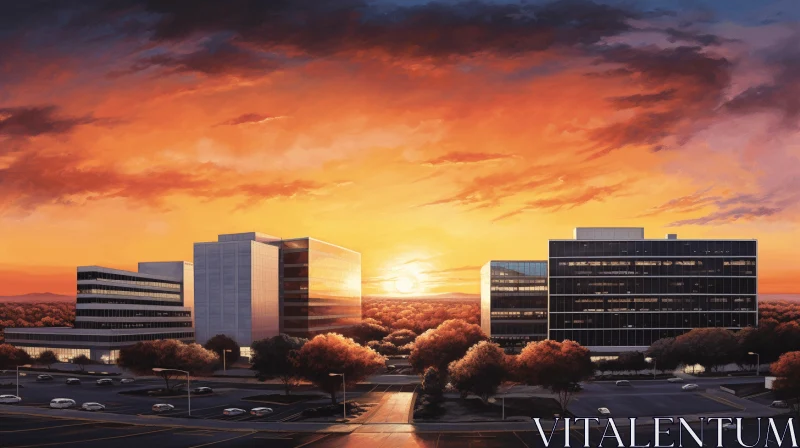 Captivating Sunset: Realistic Landscape Painting of Buildings AI Image