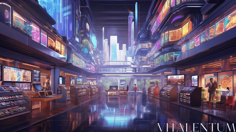 Futuristic Shopping Mall | Retro-Futuristic Cyberpunk Art AI Image