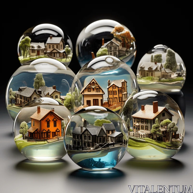 Captivating Glass Globe Sculptures with Miniature Houses - Artistic Masterpiece AI Image