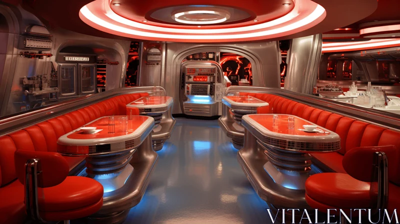 Futuristic Retro Style Interior with Red Seating | Spacecraft Design AI Image