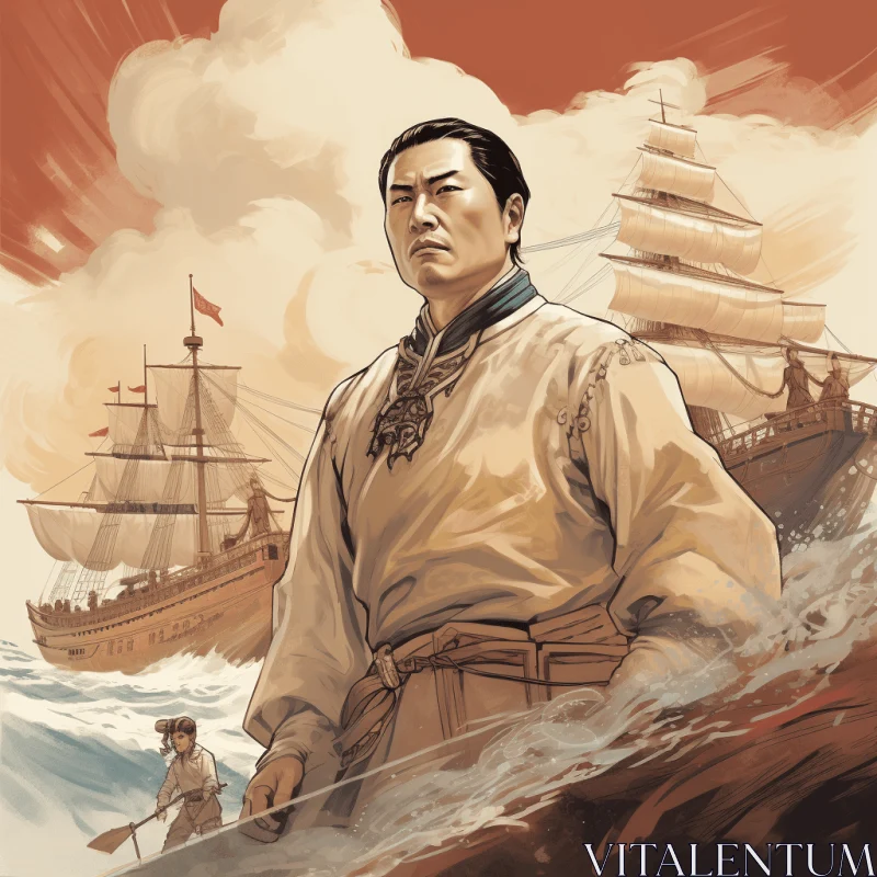 Chinese Man with Boat in the Sea - Victorian-Inspired Illustration AI Image