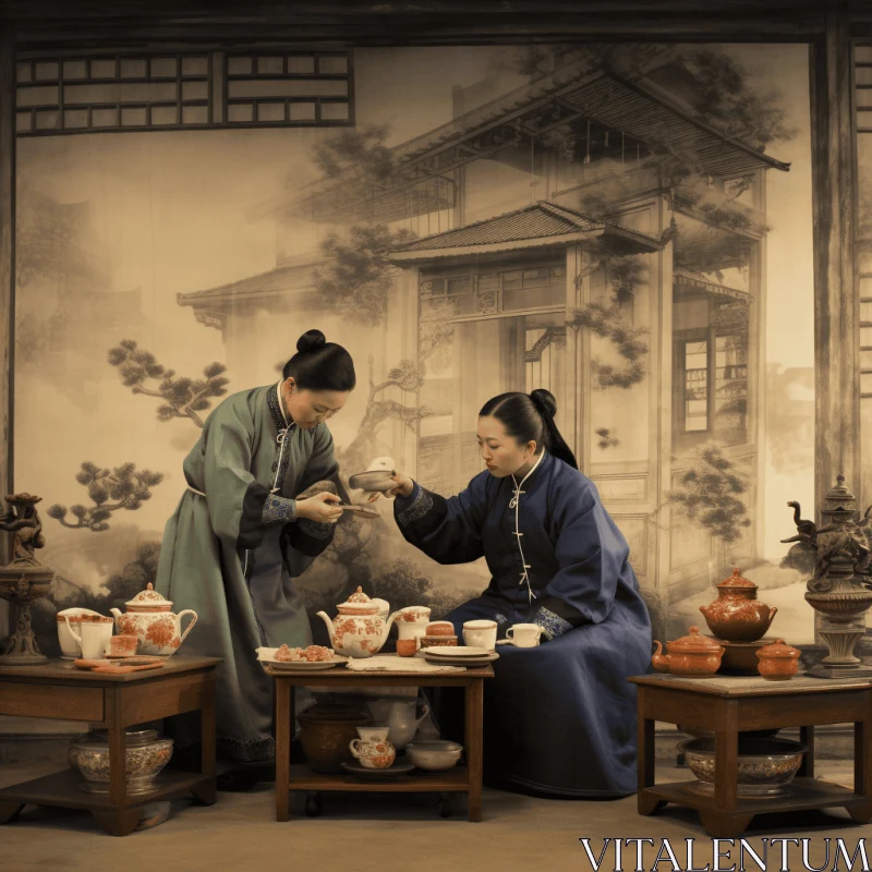 Captivating Artwork: Asian Woman Serving Tea in a Panoramic Composition AI Image