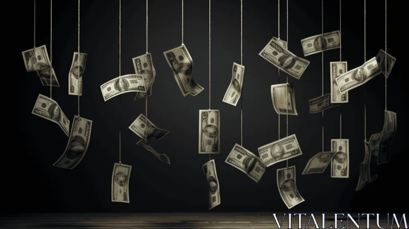Surrealistic Installation: Money Floating on Strings | Photorealistic Rendering AI Image