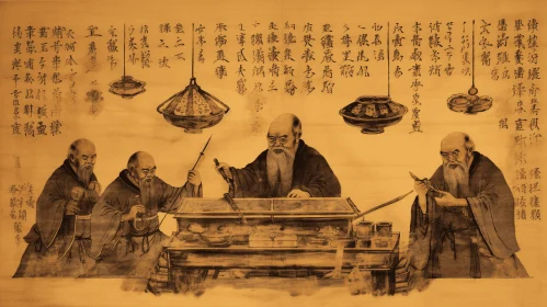 Enchanting Chinese Painting of Monks Writing Letter to the Emperor