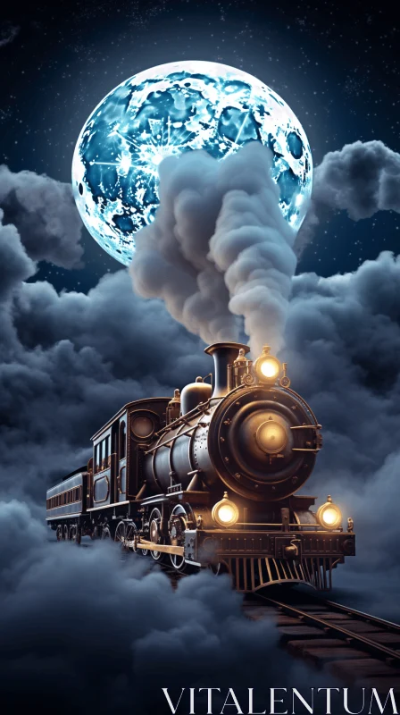 Mysterious Train and Moon in the Night Sky | Enchanting Steampunk Art AI Image