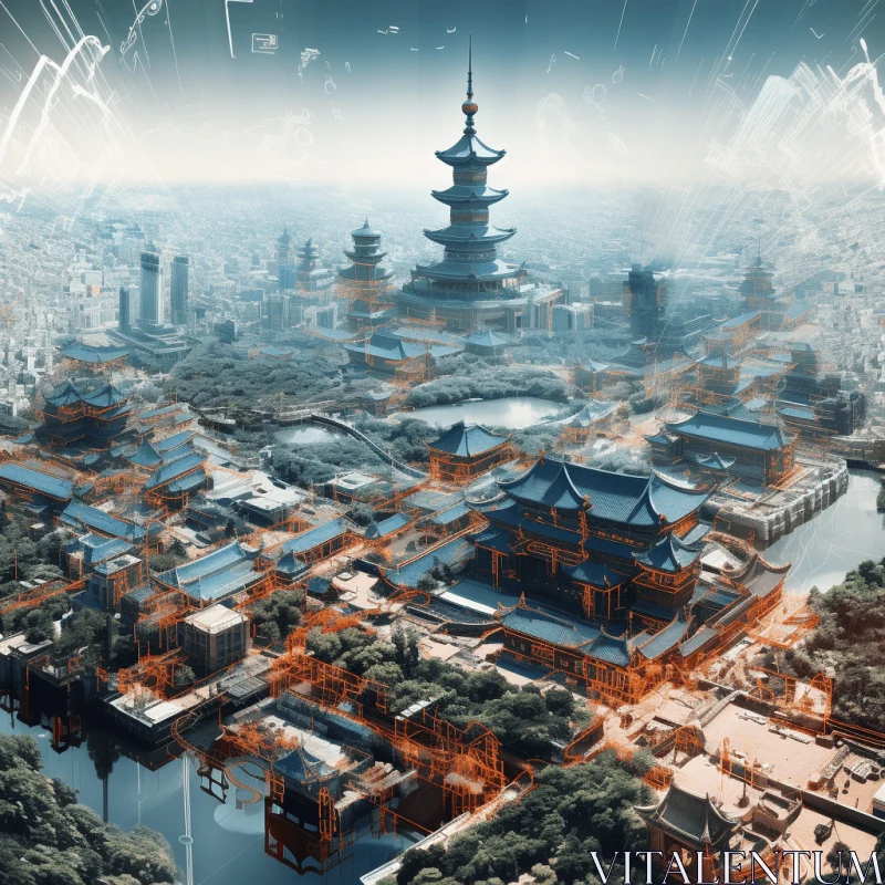 Stunning 3D Asian City with Temple - Multilayered Composition AI Image