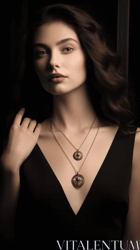 Fashion Photography: Model in Black Dress with Black Necklace AI Image