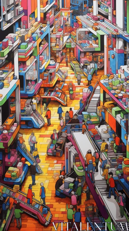 Colorful Shopping Mall Painting | Hyper-Detailed Contemporary Asian Art AI Image