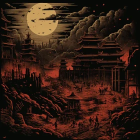 Intense Chiaroscuro Illustration of Asian Village - Macabre Earthcore Artwork