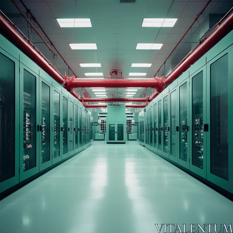 Captivating Data Center: Light Teal and Dark Red Server Racks AI Image