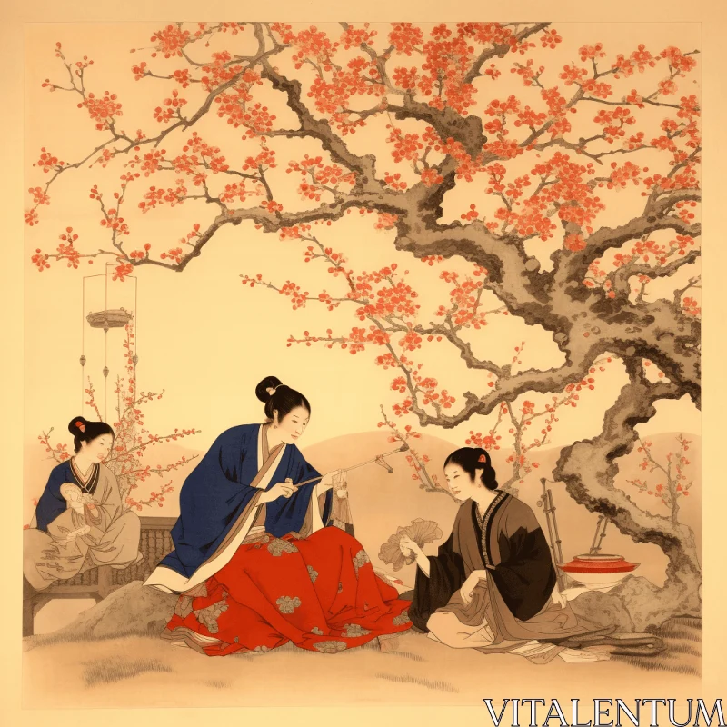 Elegant Asian Art: Two Ladies under an Asian Tree | Nostalgic Illustration AI Image