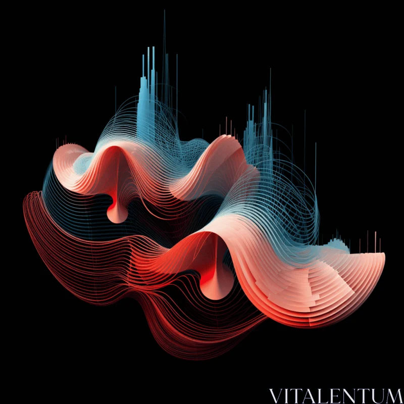 AI ART Red and Blue Wave Graphics on Black Background | Surreal Architectural Landscapes