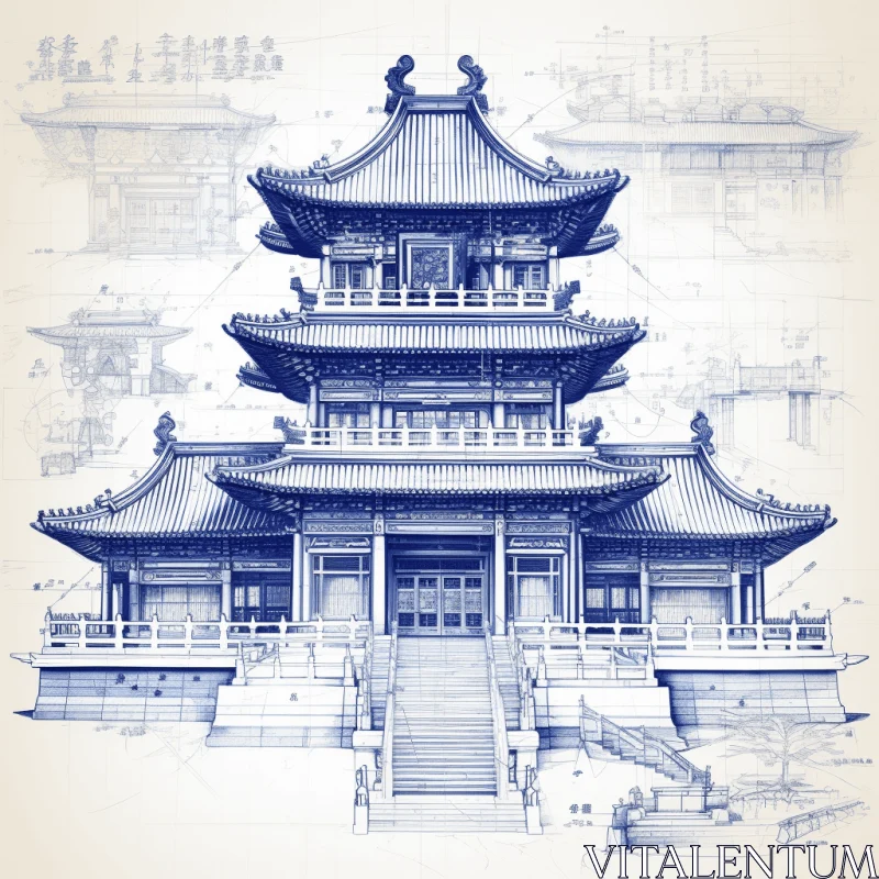 Detailed Sketch of a Chinese Temple: Historic Architecture in Blue Blueprints AI Image