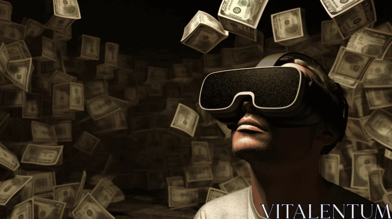 Immersive Virtual Reality Experience with Money Falling from the Sky AI Image