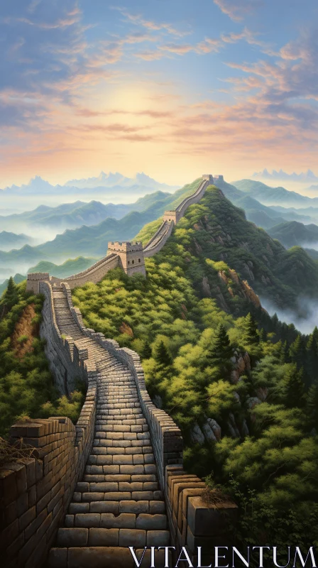 Captivating Painting: Great Wall of China in Realistic Fantasy Style AI Image