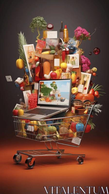 Captivating Surreal Still Life: Shopping Cart Filled with Food AI Image