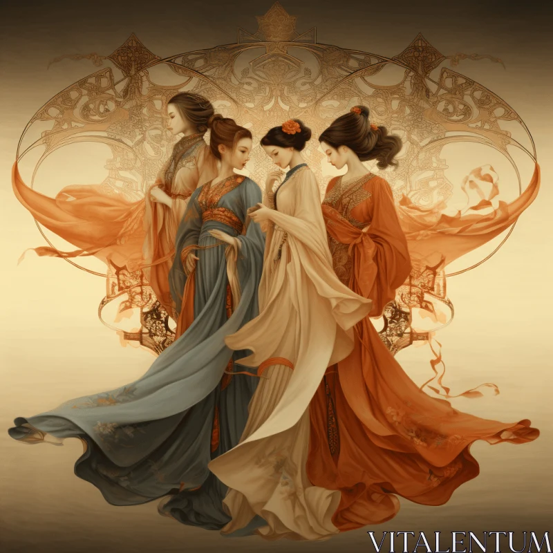 Three Women in Cheongsams: Art Nouveau Ornamentalism AI Image