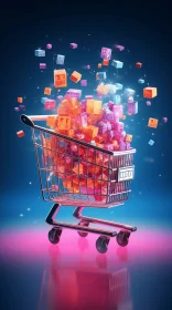 Vibrant Cubes in a Dreamlike Shopping Cart - Surrealistic Art