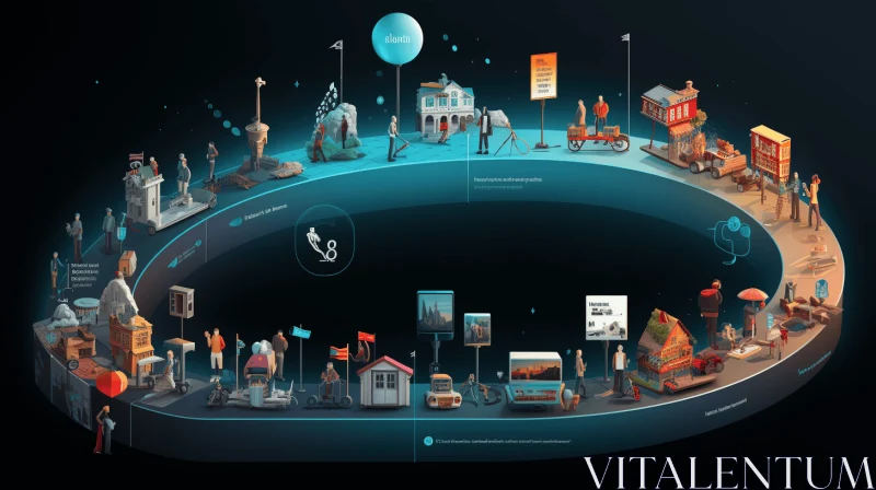 Captivating Circular Illustration of a 3D City with Life-Size Figures and Online Culture Artifacts AI Image