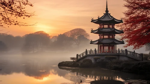 Asian Pagoda on Lake at Sunrise: Japanese-Inspired Imagery