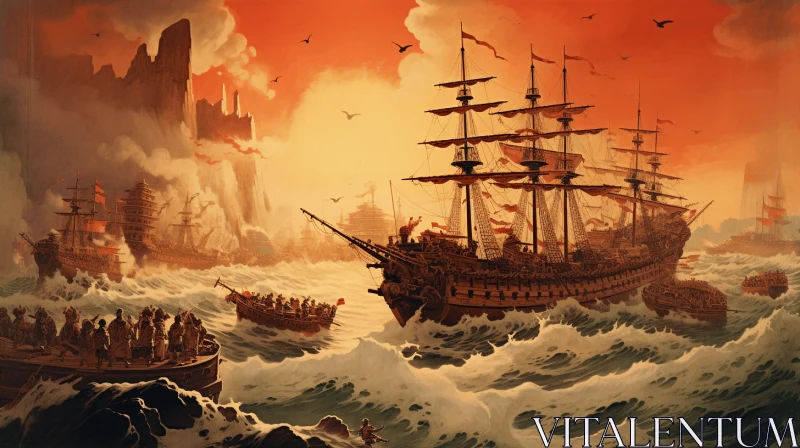 Majestic Ship Sailing on the Ocean | Dark Orange and Bronze Illustration AI Image