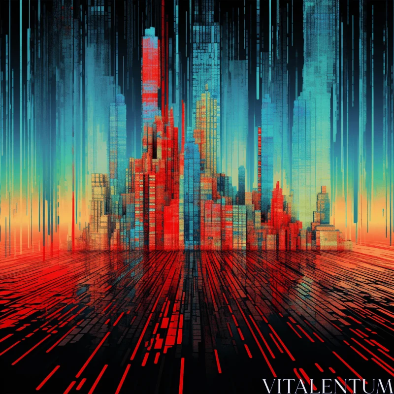 Abstract Sky with Digital Lines and City | Dark Turquoise and Red AI Image