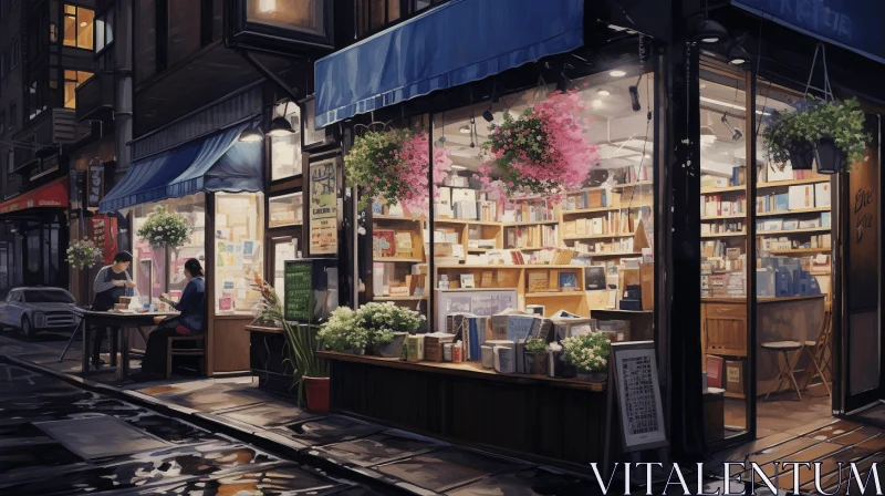 Captivating Night Scene: A Bookstore Bathed in Soft Glow AI Image