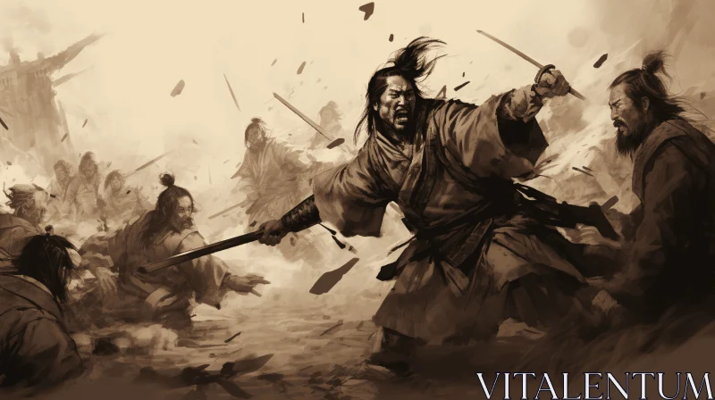 Captivating Asian Warriors Painting in Sepia Tone - Photobashing Technique AI Image