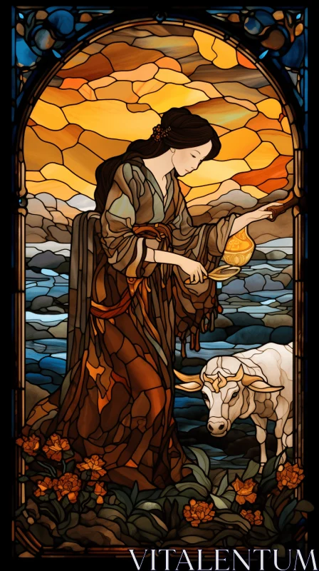 Captivating Stained Glass Painting of a Woman and a Lamb AI Image
