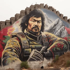 Powerful Mural: Asian Man Carrying Rifle in Northern China's Terrain