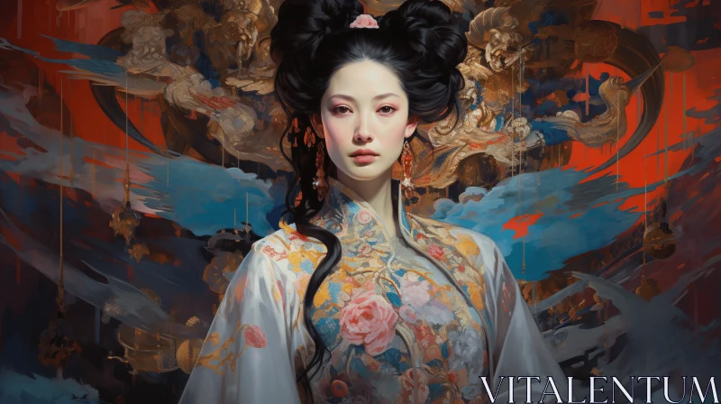 Captivating Asian Woman Painting in Oriental Costume with Dragons AI Image