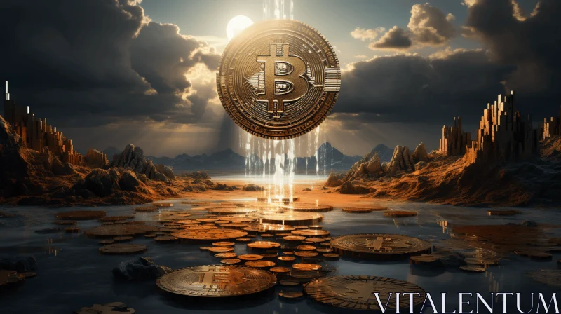 Coins Flowing in the Sky with a Bitcoin - Surrealistic Fantasy Landscapes AI Image