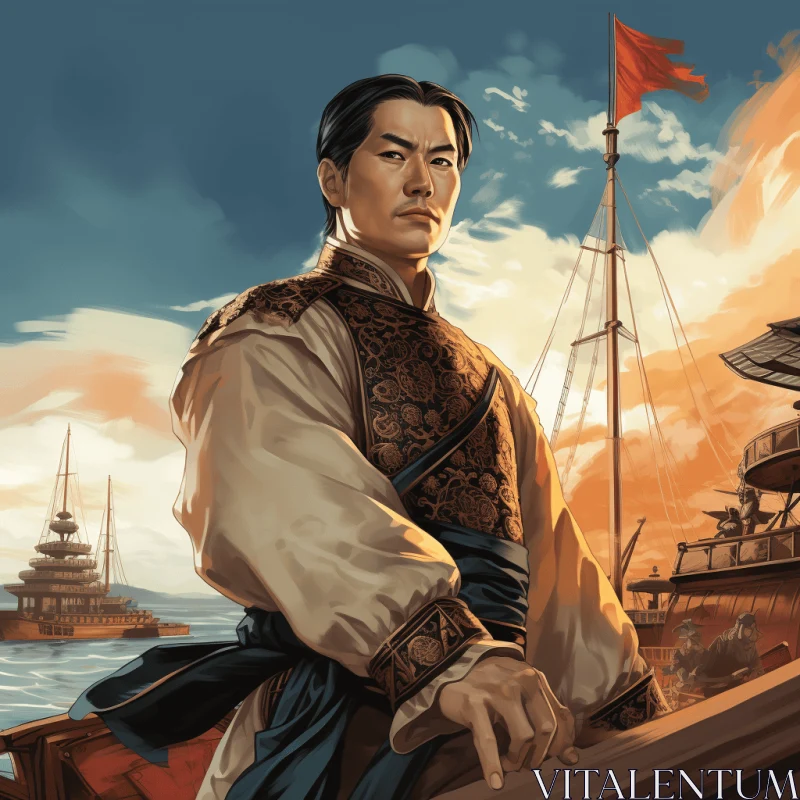 Historical Military Scene: Man in Chinese Costume on a Boat AI Image