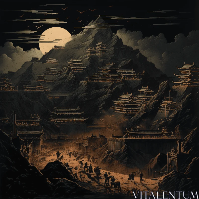 Moonlit Mountain Scene: Intricate Illustration of a Dark Cityscape AI Image