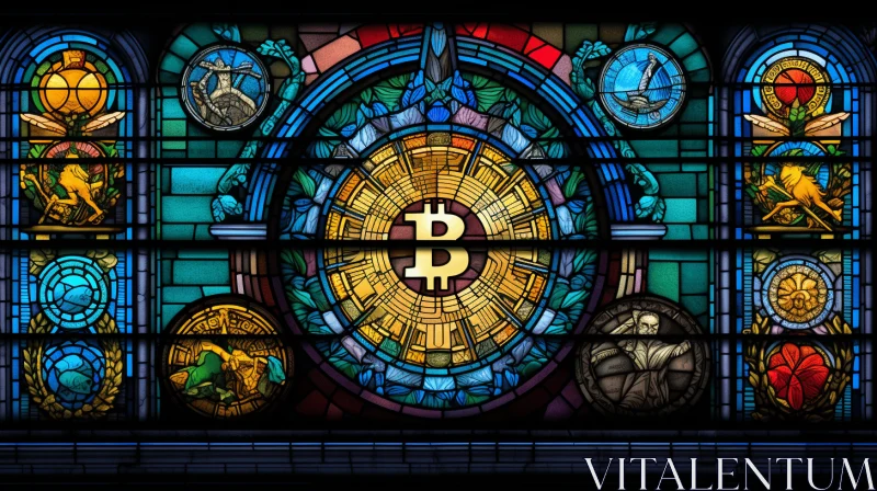 Bitcoin Stained Glass: A Captivating Fusion of Mythological Iconography and Analytical Art AI Image